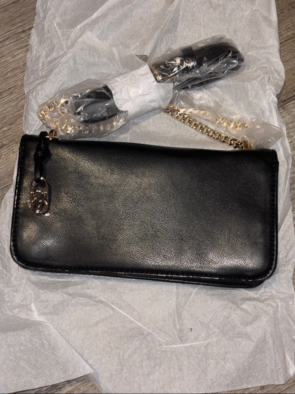 Victoria Secret Black Leather Crossbody Wallet Purse - Gold Chain